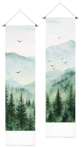 PLIGREAT 2 paquet de Tapisserie de Forêt de Montagne Forêt Brumeuse Tenture Murale avec Pompons Paysage D'Arbre Aquarelle Oiseaux Tapisserie Murale Esthétique
