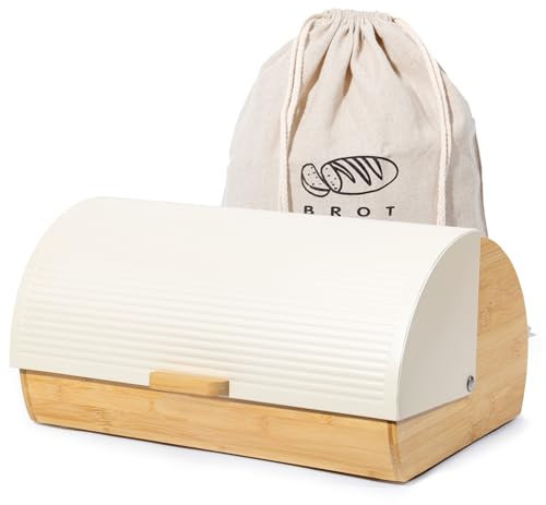 GREELUE Brotkasten Metall Holz, Brotbox Schwarz, Brot Aufbewahrungsbox groß, Brotkorb mit Deckel, Bread Box Küche, Brotbeutel (Beige-39cm)