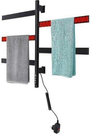 KAPIPALA Calentador de toallas eléctrico giratorio de 230 V, 90 W, giratorio 180°, indicador LED eléctrico, montaje en pared, radiador de baño, toallero con termostato de tiempo, 30-70 ℃ para casas,