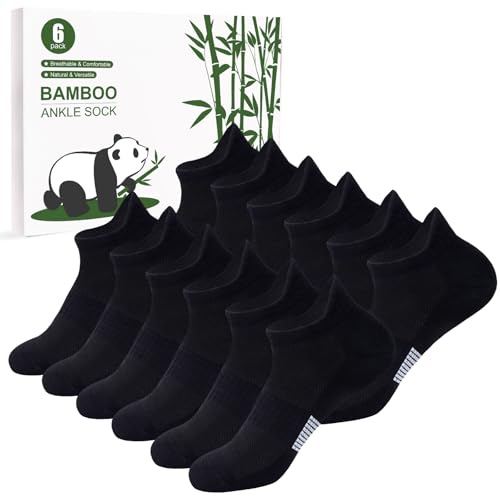 Bambu Träningssockor Damer 6 par – Andningsbara Ankelsockor till Löpning, Damsporter Låga Sockor, Atletiska Sockor med Presentask för Kvinnor och Flickor​ svart S​​