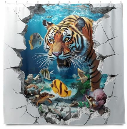 miaozhen Tende da doccia in materiale idrorepellente con gancio, 182 x 183 cm, con foro incrinato 3D, motivo tigri animali, tenda subacquea, lavabile, semplice tenda per doccia Cortina para ba?o