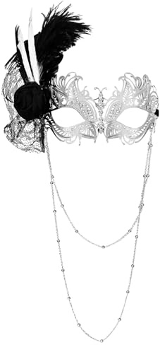Flongo Fjädermaskerad mask för kvinnor: Silver venetiansk justerbar halvmask med strass dubbel dekorativ kedja och avtagbar fjädrar, maskerad för karneval, halloweenfester