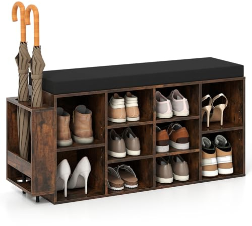 COSTWAY Banco Zapatero, 10 Compartimentos, Estantes Ajustables y Extraíbles, Zapatero con Asiento Acolchado, Soporte para Paraguas, Banco Recibidor Entrada Pasillo, 30 x 110 x 52,5 cm (café)