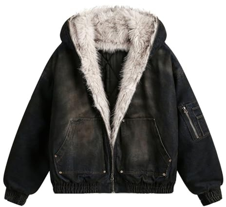 M&Catree Veste Courte d'Hiver pour Homme Manteau Matelassé à Capuche en Fausse Fourrure Parka Ample Style Streetwear Épais Chaud Veste en Jean - Bleu, M