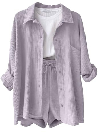 Joligiao Conjuntos Mujer Verano Casual Dos Piezas Pantalon Cortos y Blusa Elegante Conjunto Lino Chándal Camisa Manga Larga Conjunto de Verano Ropa de Playa Chandal con Bolsillos