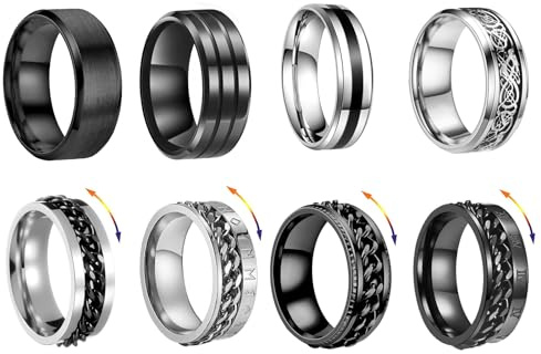 XSDSLS 8 Pcs Men Stainless Steel Spinner Ring Anxiety Rings Men Spinner Rings Wedding Engagement Promise Ring SpinnerRing Set Link Ring Silver Black (9)