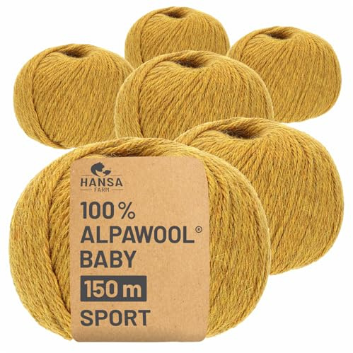 HANSA-FARM | 100% Baby Alpakawolle in 50+ Farben (kratzfrei) - 300g Set (6 x 50g) - weiche Alpaka Wolle zum Stricken & Häkeln in 6 Garnstärken by Hansa-Farm - Senfgelb Heather (Gelb)