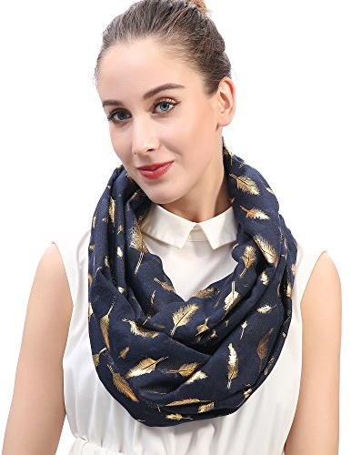 Lina & Lily Metallic Gold Feather Women's Infinity Loop Scarf (Navy Blue)