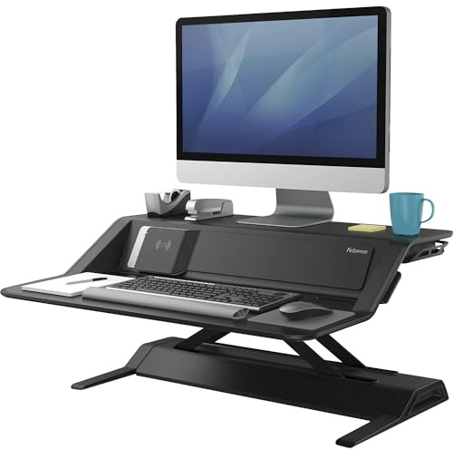 Fellowes höhenverstellbarer Sitz-Steh Schreibtischaufsatz Lotus DX, stufenlos höhenverstellbar mit SmoothLift, zwei Plattformen, Qi-Ladepad und USB Ports, antibakterieller Microban Schutz, schwarz, Large