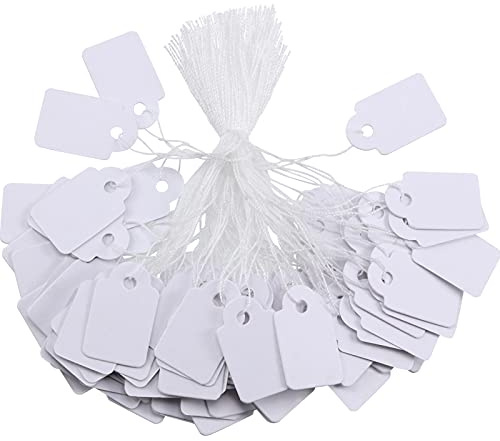 Outus 500 Pcs Small Price Tags with String Attached 0.94 x 0.59 in Mini White Writable Merchandise Hangtag Pricing Marking Display Tag Strung Hang Gift Paper Label for Product Jewelry Clothing