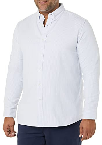 Amazon Essentials Camisa Oxford en tela elástica, de manga larga y corte recto (disponible en tallas grandes y largos especiales) Hombre, Azul Celeste Claro Rayas Verticales, XL