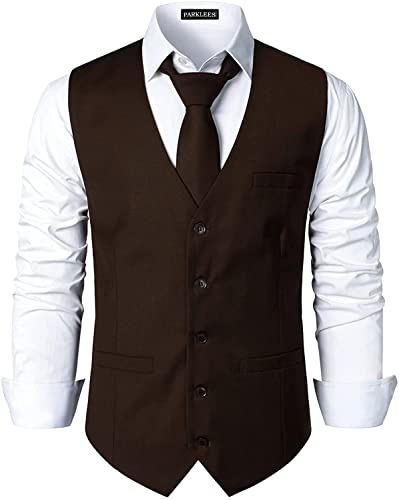 PARKLEES Men's Hipster Urban Design Business Formal Waistcoat Slim Fit Suit Tuxedo Dress Vest Brown L