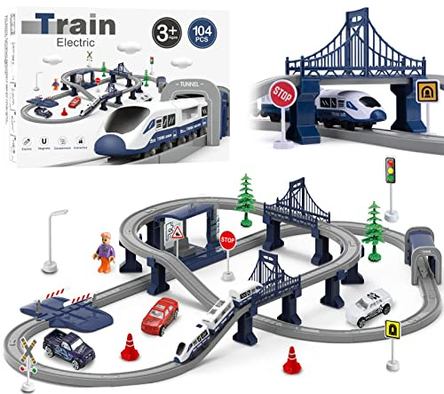 Wdmiya Train Sets for Boys 4-7, 104 Pcs Battery Operated Train Set with Tracks(Magnetic Connection), Compatible with Thomas, Brio, Chuggington, Gifts for 3 4 5 6 Years Old (City Blue 104 Pcs)