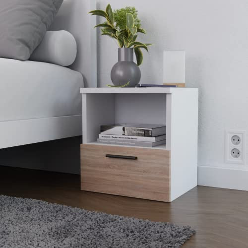 Home Glow Mesita de Noche, Cajonera, Gabinete de Noche, 1 Cajón, Mesa Auxiliar con Estante de Almacenamiento, Sonoma. Tamaño : Ancho37 x A40 x P30 cm