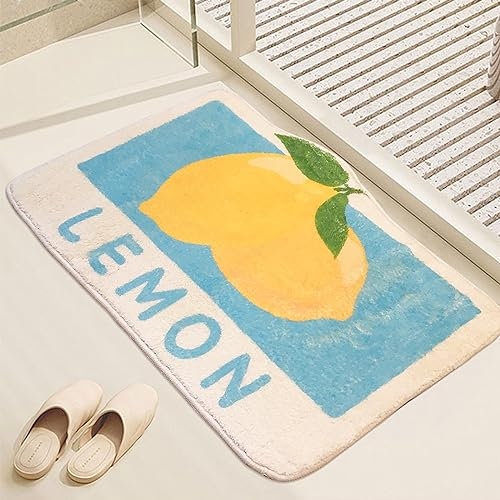 Badezimmerteppich Blaue Zitrone Badematte rutschfest,Weiche Badteppich,Badvorleger Duschvorleger,Teppich Badezimmer Waschbar,Bad Teppich Flauschig 50×80cm