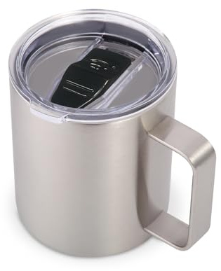 Volhoply 410 ml isolerad rostfritt stål kaffemugg med läcksäckt lock, dubbelväggsvakuum reskaffemugg med handtag, campingmugg håller varm/kall (Silver, 1)