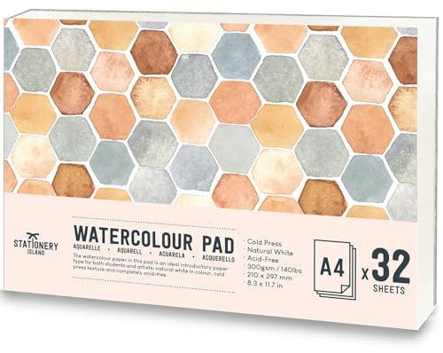 Stationery Island Aquarellpapier A4 300g, 32 Blatt Aquarellblock A4, Aquarell Papier für Wasserfarben, Aquarell Skizzenbuch, Watercolor Paper für Studenten,Anfänger, Skizzenbuch Aquarell