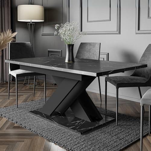 PROROOM FURNITURE - Onyx Table - Dining Table - Rectangular - 140x80x75 cm - Extendable to 180 cm - Column Table - with X-Frame - Modern - for Dining Room, Kitchen, Living Room, Salon (Black Marble