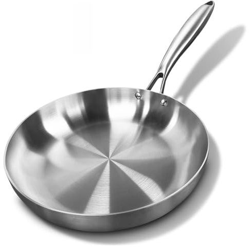 JUNHAO-SHOP 28 cm Stainless Steel Frying Pan, Uncoated Non Stick Skillet Pan, 3 Layers 304 Stainless Steel Skillet for Omelette, Induction Compatible, Dishwasher Safe