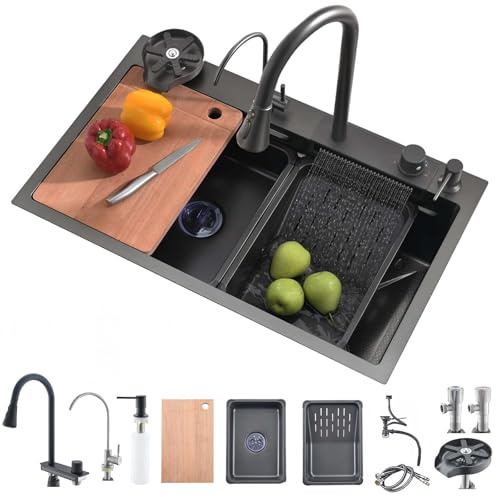Bokaiya Kitchen Sink, Multifunction Waterfall, Raindance Professional Countertop Kitchen Sink Stainless Steel Washbasin with High Pressure Pull-Out Faucet Black 85x50x21cm