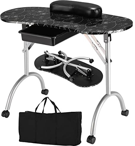 COSTWAY manikyrbord inklusive handledsstöd, bärbart nagelbord kosmetiskt bord, mobila fördjupningsbord arbetsstation med väska 90 x 37 x 69 cm
