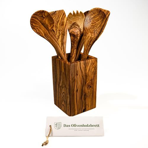 DAS OLIVENHOLZBRETT® Set di 5 spatole/cucchiaio, cucchiaio con angolo + posate per insalata in legno d'ulivo, cucchiaio in legno d'ulivo, cucchiaio in legno, utensili da cucina, set da 30 cm