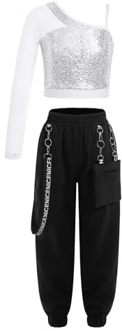 Miutii Set di vestiti da ragazza Hip Hop con una spalla lucida paillettes Sport Crop Top + pantaloni cargo Jazz Street Dance Outfit Streetwear, argento, 170-176