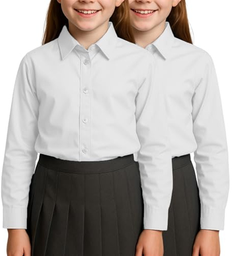 SchoolStitch® Girls Long Sleeve School Shirts, Pack of 2 Plain Collared Button Down Girls Blouse with Cuffed Sleeves, School Uniform White Shirt Kids Ages 3-15+