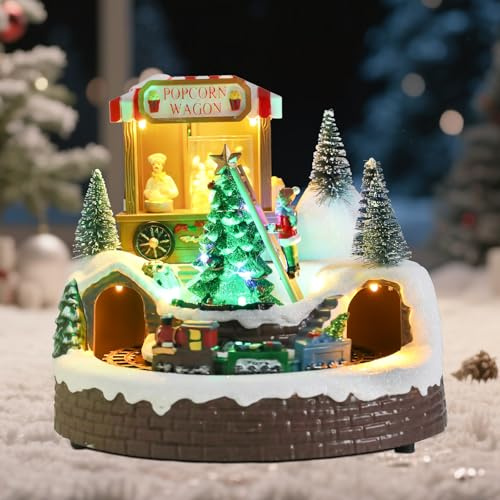 WONDER GARDEN Christmas Village Houses Popcorn Wagon House Village with Music and Led Lights Christmas Collectible Buildings for Home Indoor Decor or Gift