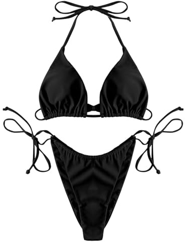 Axvxby Women's Bikini Set Sexy Triangle String Bikini Top High Waist Bottoms Adjustable Ties Push up Beachwear Comfortable Swimsuit for Summer Black (UK, Alpha, XL, XXL, Regular, Regular, Black)
