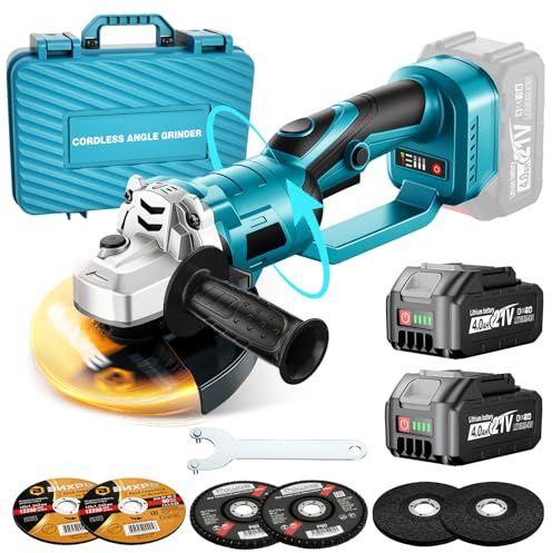Yofuly Amoladora Angular Batería Compatible con Baterías Makita de 18V, Radial Eléctrica con 2 Batterie da 4,0 Ah | Testa Girevole a 180° | 3 Velocità | 9000 giri/min 125mm Rebarbadora con 6 Dischi