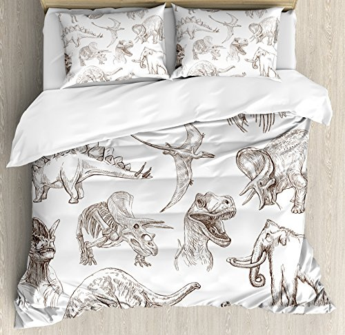 Ambesonne Jurassic Duvet Cover Set, Arrangement of Various Dinosaurs Illustrations Skeleton Biology Historic, Decorative 3 Piece Bedding Set with 2 Pillow Shams, Queen Size, Dark Brown