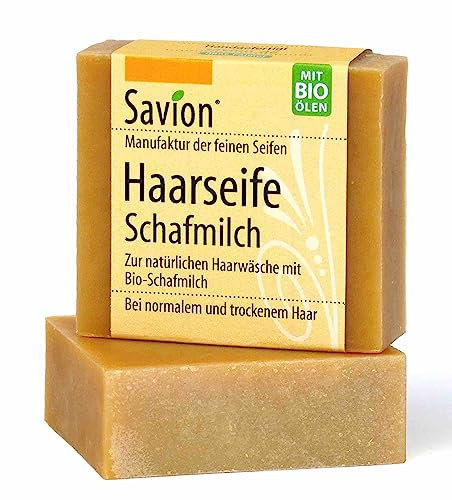 Savion Naturseife für Haare | Schafmilch & Bio-Öle | Trockene Kopfhaut, für normales und trockenes Haar, Palmölfrei, BIO, 85g
