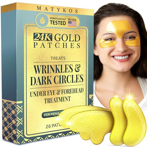 24K Gold Under Eye and Forehead Patches - 26 PCS - Collagen and Hyaluronic Acid Pads that Helps Reducing Under Eye Puffiness, Wrinkles, and Dark Circles - NO Artificial Fragrance or Alcohol