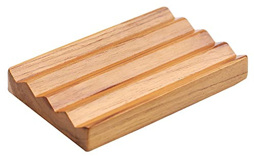 Teak soap Dish for Shower 1pcs by HTB, Wood Decorative Bath soap Holder Heightened Base Design to Keep Soap Dry in Kitchen, Bathroom, Sink, Bathtub, Cute Wooden soap Saver for Hand Face Shampoo bar