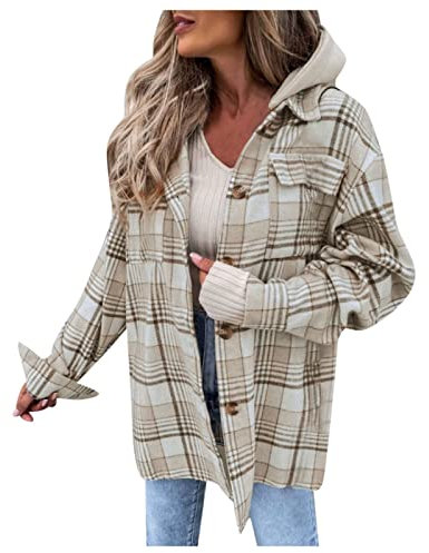 Jacke Kariert Damen - Fleece Hemdjacke Female Jacke Karo Lange Ärmel Herbst Winter Übergangsjacke Mit Taschen Knopfleiste Revers Mantel Plüsch Blusenshirt Oversize Outwear