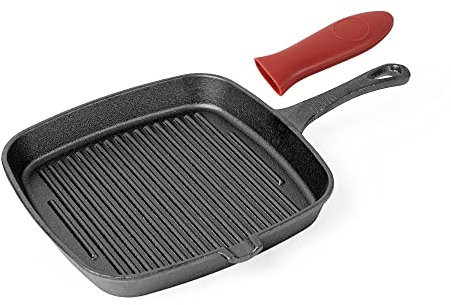 Cast Iron Square Skillet Grill Pan – Pre-Seasoned Griddle Pan for Steak Meats Bacon and Fish – Pour Spout & Stripe Design – BBQ Grill Frying Pan 9Inch