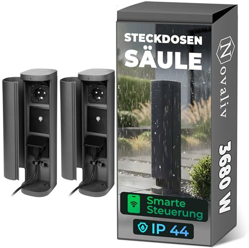Novatool Lot de 2 prises de courant de jardin sans fil 2 voies Anthracite SMART WIFI APP IP44 Prise ronde Extérieur Prise de courant de jardin Colonne de prises de jardin Tour de prises