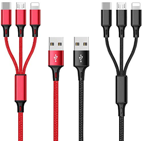 Multi Charging Cable 2 Packs, 3A 3 in 1 Fast Charging Cord,1.25M Nylon Braided Multiple USB Cable with iP Micro USB Type C Port for Phone,Samsung,PS4, Tablet, Xiaomi and More, Red+Black