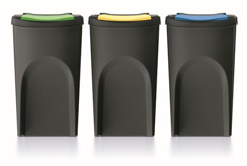 Keden Sortibox Mülltrennsystem 3x35L Set Mülltrennungsbehälter Recycling Recyclingbehälter Abfallsortierkorb Behälter Abfalleimer aus Kunststoff (Schwarz)