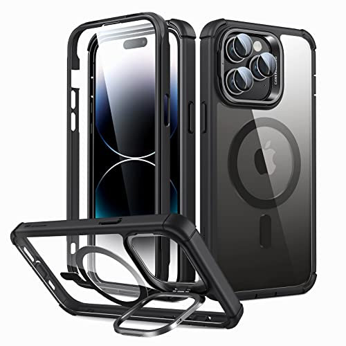 ESR for iPhone 14 Pro Case with Stand, Compatible with MagSafe, Full-Body Military-Grade Drop Proof Case with Built-in 9H+ Tempered Glass Screen Protector, Armor Series, Clear Black