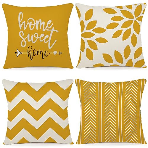 ZWJD Kissenbezug 40x40 4er Set Dekokissen Kissenbezüge Dekoration Outdoor Kissenbezüge Leinen Dekokissen für Schlafzimmer, Sofa, Stuhl, Bett, Garten (40 x 40 cm,Dunkelgelb)
