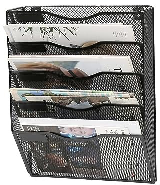 JEBELE 5 Compartiments Porte Revue Mural à Suspendre Organiseur Banette Range Dossier Mural Format A4 Porte Document Magazine et Lettres pour Bureau École Métal, Noir