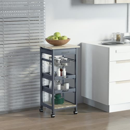 HOMCOM Chariot de Service desserte de Cuisine à roulettes Panier + 2 Plateaux Amovibles, tiroir, étagère en Bois chêne Clair Bois pin Gris