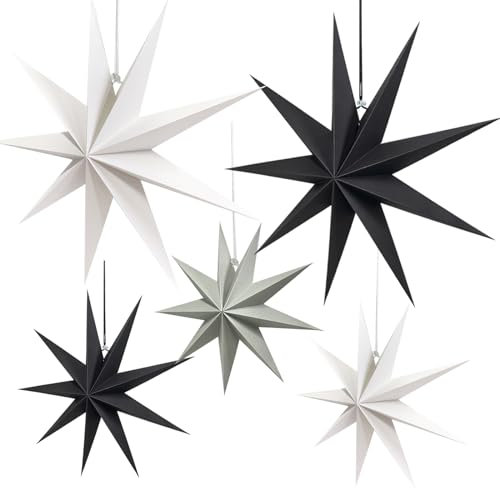 Konoz Papiersterne Weihnachten 5 Stück Faltsterne Neuneck, Weihnachtsstern Papier Stern Dekoration(Schwarz & Weiß & Grau)