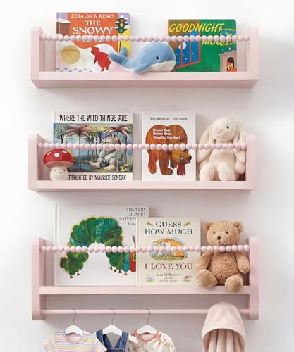 Mazjoaru Nursery Shelves with Solid Pine Wood, 40cm Wide, Set of 3, Floating Shelves for Wall, Nursery Book Shelf, Baby Book Shelf, Kids Shelves for Nursery, Kids Room, Bedroom, Living Room, Pink