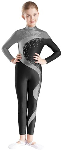 CHICTRY Fille Garçon Combinaison Danse Ballet Justaucorps Gmnastique Académique à Manches Longues Strass Body-Pantalon Danse pour Enfants Gris&Noir 11-12 ans