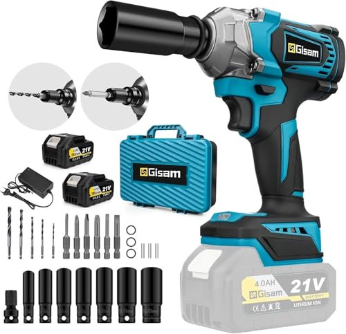 Gisam Llave de Impacto Inalámbrica 650 Nm, Taladro Inalámbrico Multifunción Y Destornillador Eléctrico (2 Baterías 4 Ah y Juego Llaves Vaso), Juego Herramientas de 18 Piezas Para Cambiar Neumáticos