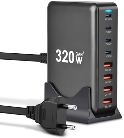 320W Chargeur USB C,8 Ports Multiple GaN Chargeur Secteur avec 4 USB-C et 4 USB-A,Chargeur Rapide Station de Charge Adaptateur Compatible avec MacBook Pro/Air Laptop,iPhone,iPad Pro,Galaxy,SteamDeck