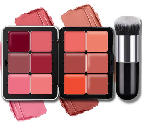 Noerrors 12 Colors Cream Blush Palette, Long Lasting Matte Blush Contour Highlight Palette Waterproof Smudge Proof Blendable Full Coverage Blush Palette Makeup with Brush